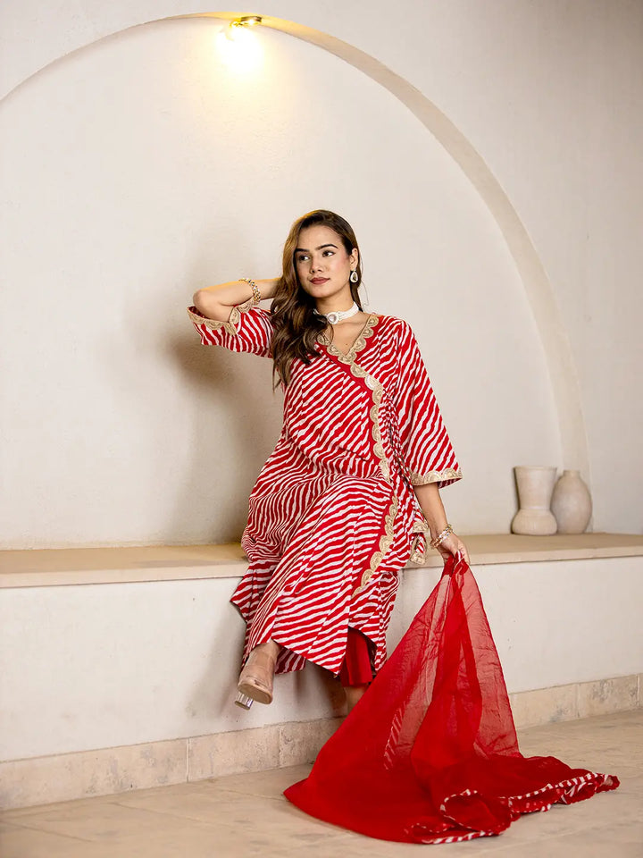 Cotton Leheriya Red Kurta Dupatta Pant Set-Yufta Store-6979SKDRDS