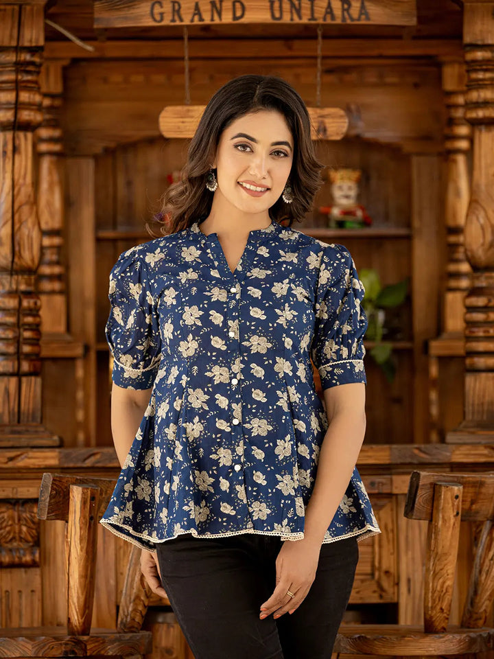 Cotton Navy Blue Puffed Sleeve Tops-Yufta Store-1524TOPNBS