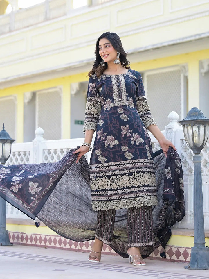 Cotton Printed Pakistani Black Kurta Dupatta Set With Lace Work-Yufta Store-6890SKDBKM