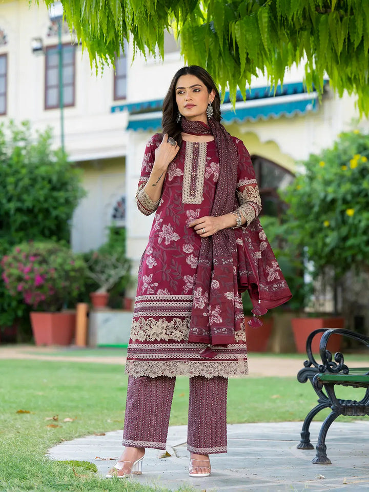 Cotton Printed Pakistani Maroon Kurta Dupatta Set With Lace Work-Yufta Store-6890SKDMRM