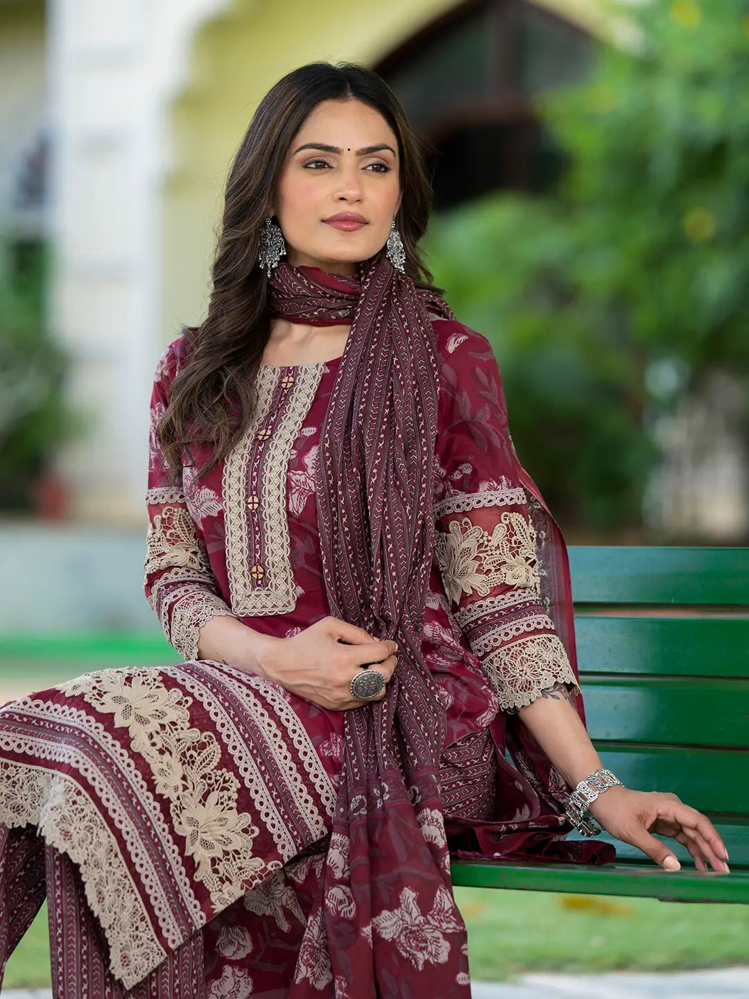 Cotton Printed Pakistani Maroon Kurta Dupatta Set With Lace Work-Yufta Store-6890SKDMRM