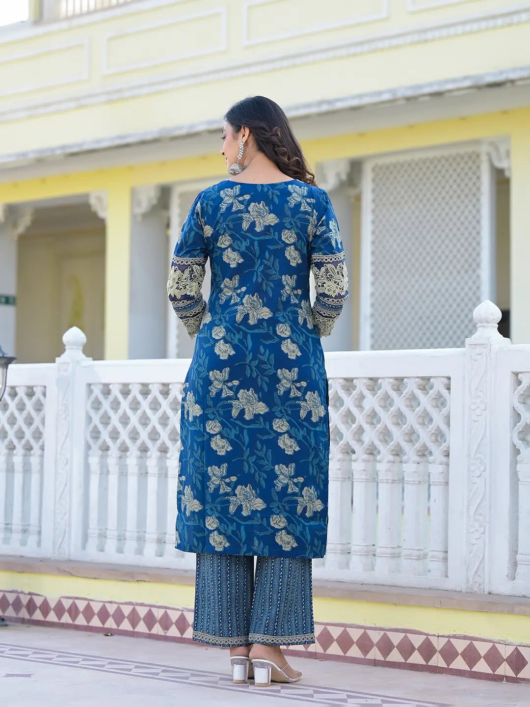 Cotton Printed Pakistani Navy Blue Kurta Dupatta Set With Lace Work-Yufta Store-6890SKDNBM