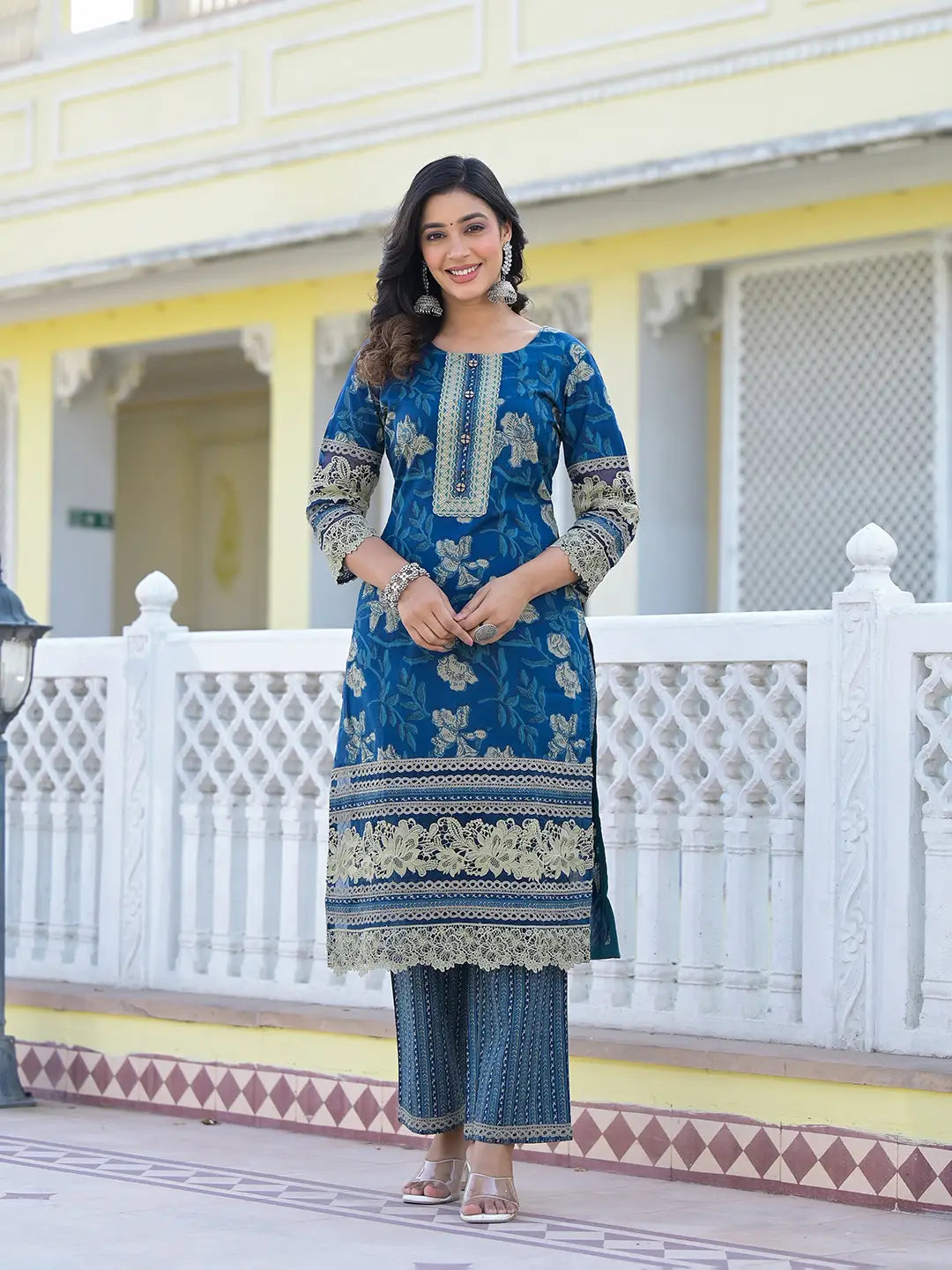 Cotton Printed Pakistani Navy Blue Kurta Dupatta Set With Lace Work-Yufta Store-6890SKDNBM