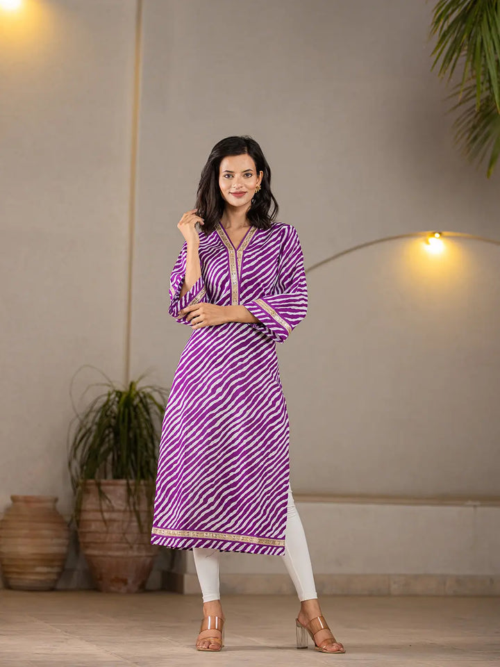 Cotton Purple Leheriya Kurta-Yufta Store-6965KURPRS