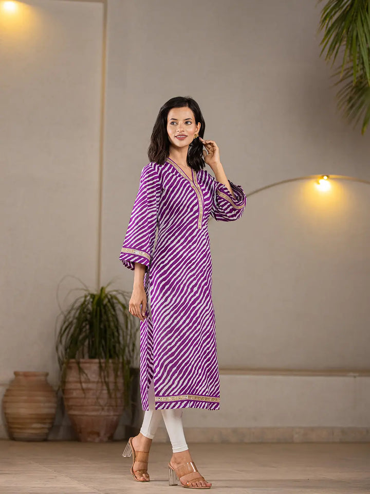 Cotton Purple Leheriya Kurta-Yufta Store-6965KURPRS