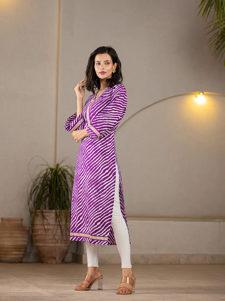 Cotton Purple Leheriya Kurta-Yufta Store-6965KURPRS