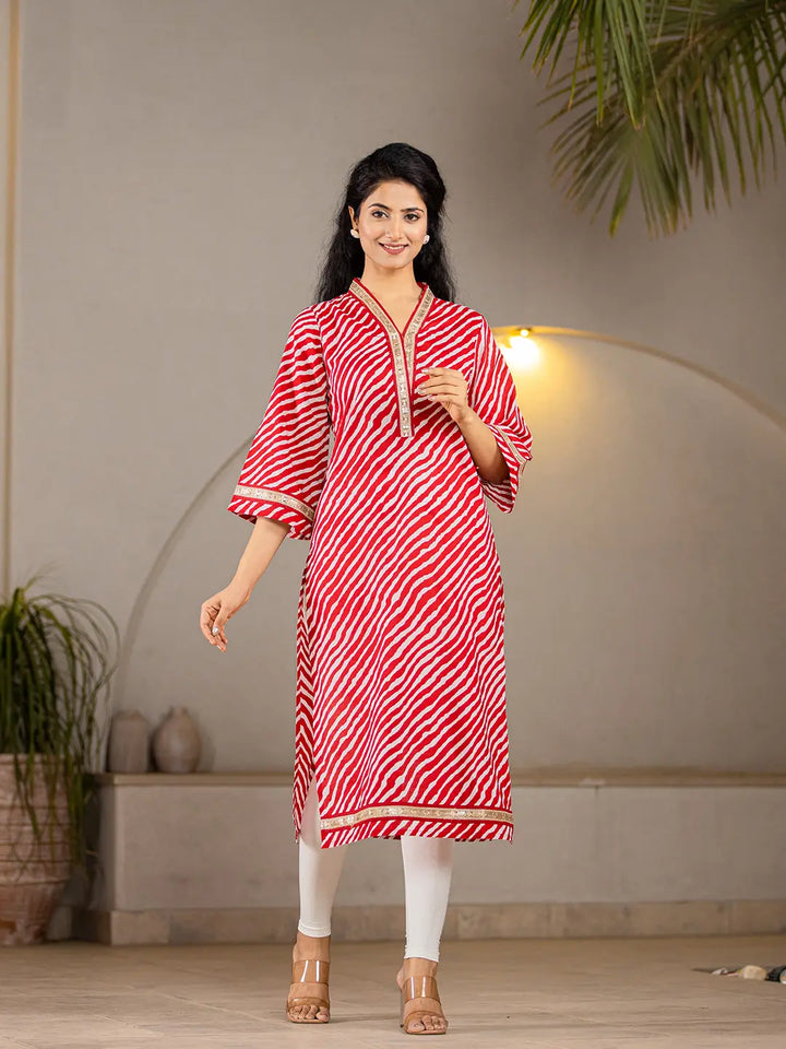 Cotton Red Lehariya Kurta-Yufta Store-6965KURRDS