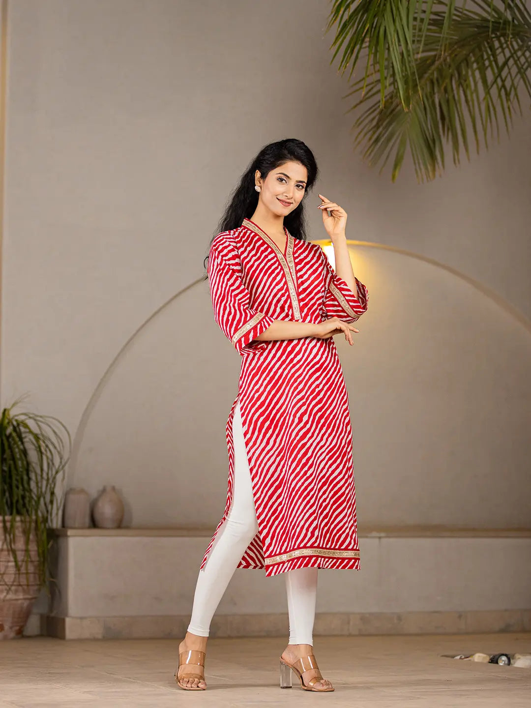 Cotton Red Lehariya Kurta-Yufta Store-6965KURRDS