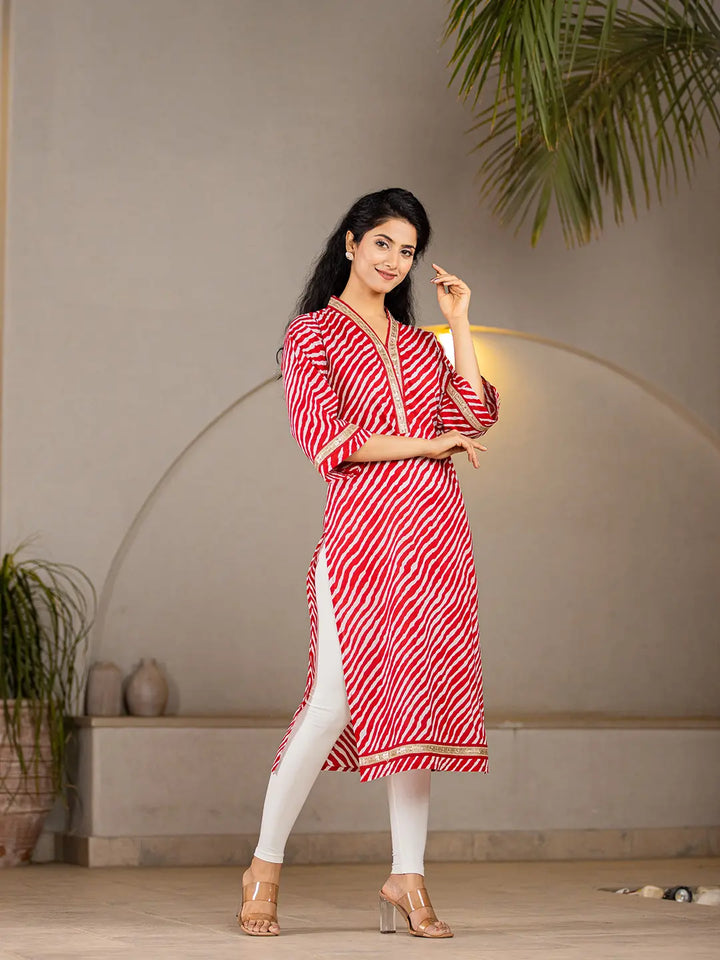 Cotton Red Lehariya Kurta-Yufta Store-6965KURRDS