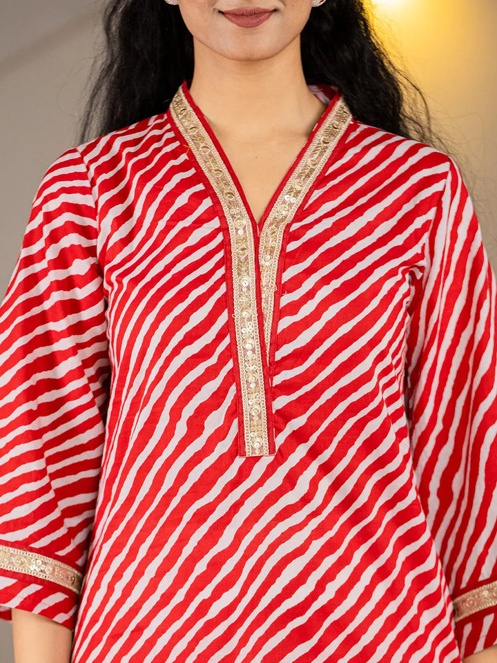 Cotton Red Lehariya Kurta-Yufta Store-6965KURRDS