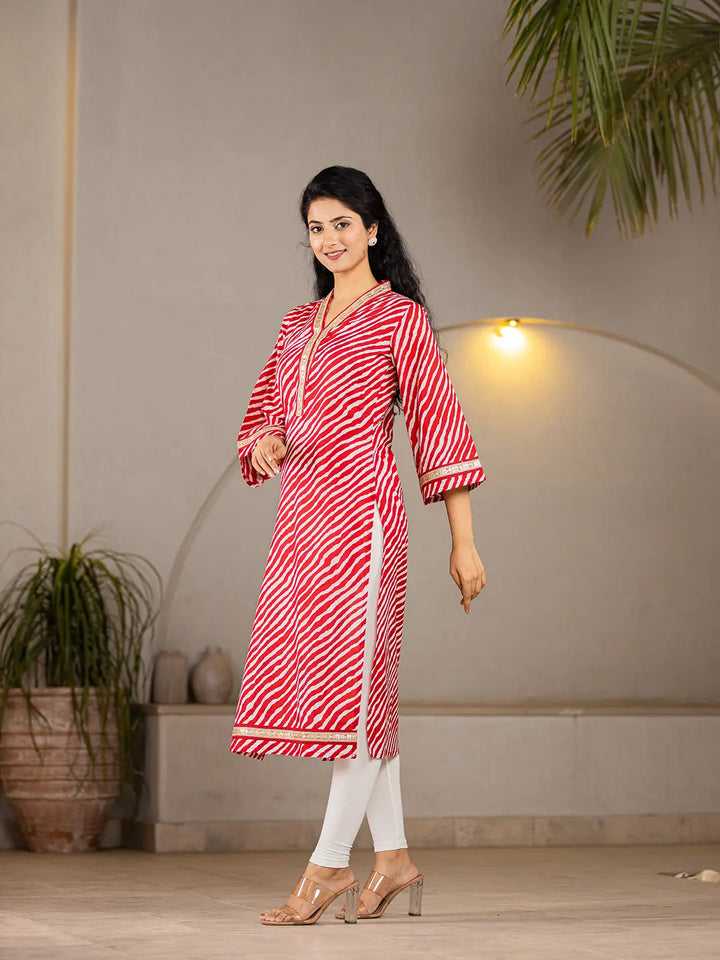 Cotton Red Lehariya Kurta-Yufta Store-6965KURRDS