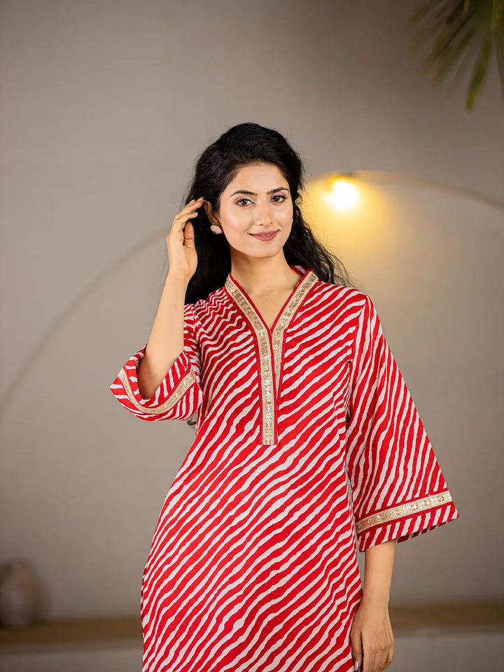 Cotton Red Lehariya Kurta-Yufta Store-6965KURRDS