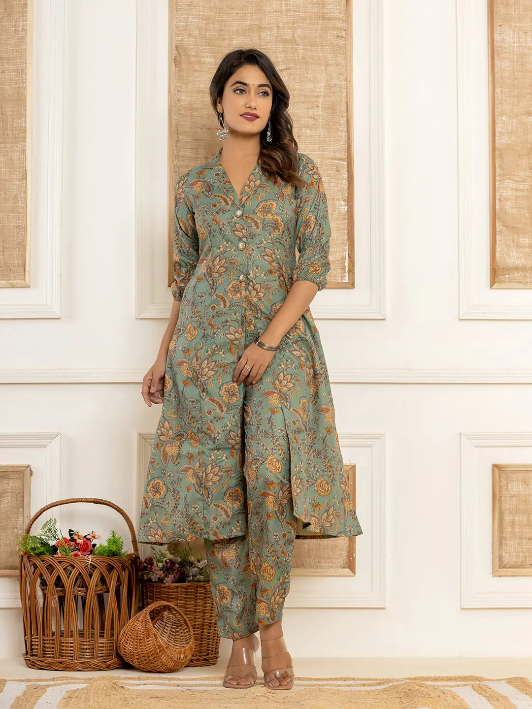 Cotton Sea Green Kurta And Trousers Set-Yufta Store-1522SETSGS