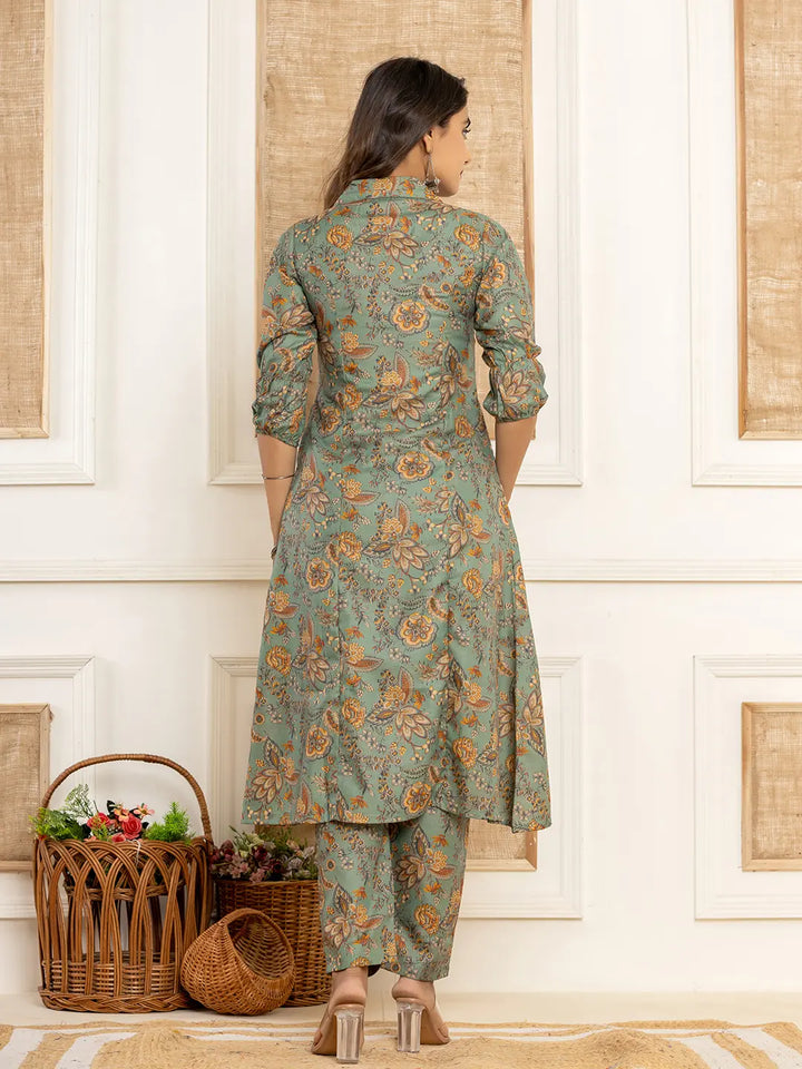 Cotton Sea Green Kurta And Trousers Set-Yufta Store-1522SETSGS