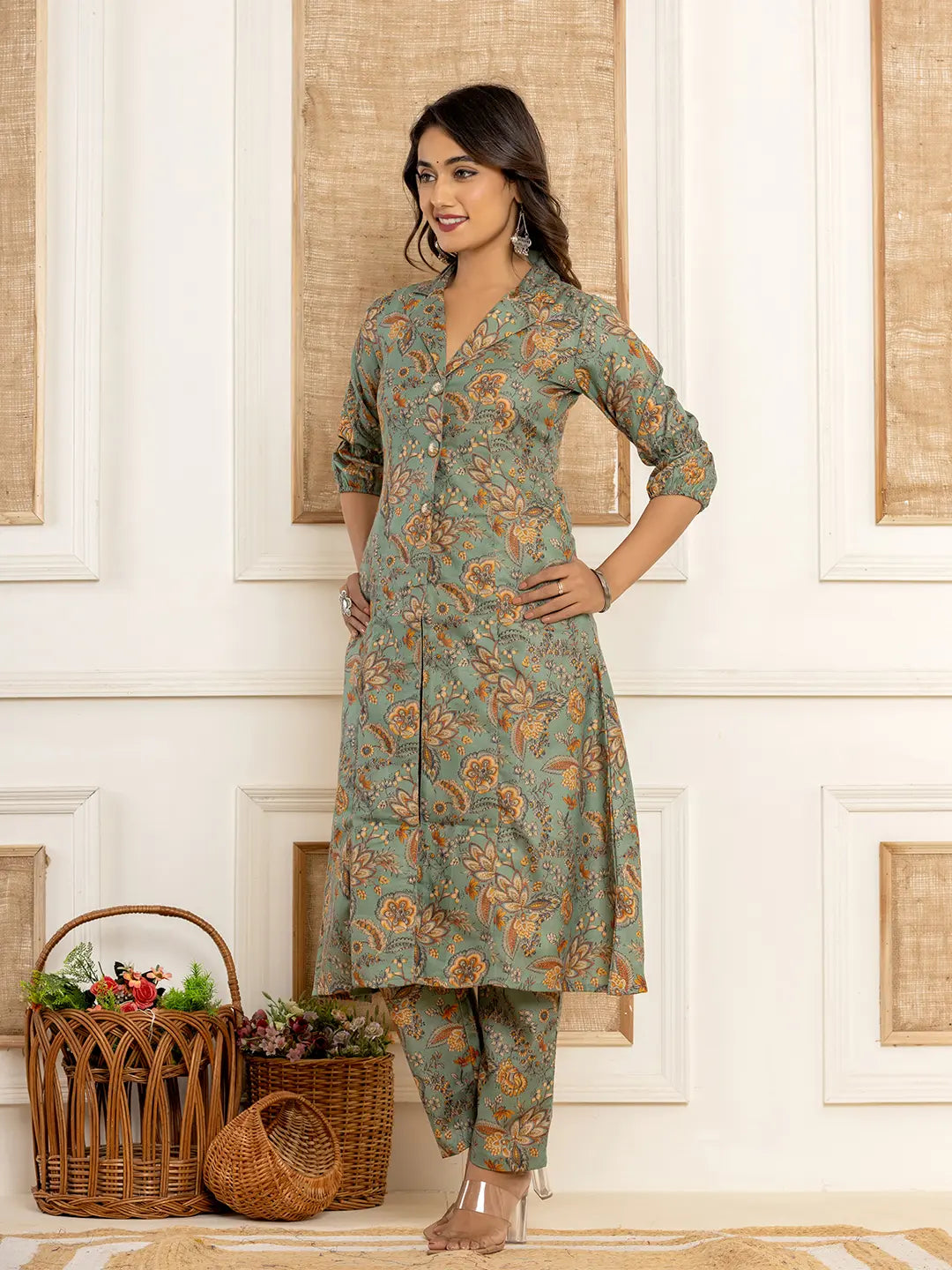 Cotton Sea Green Kurta And Trousers Set-Yufta Store-1522SETSGS