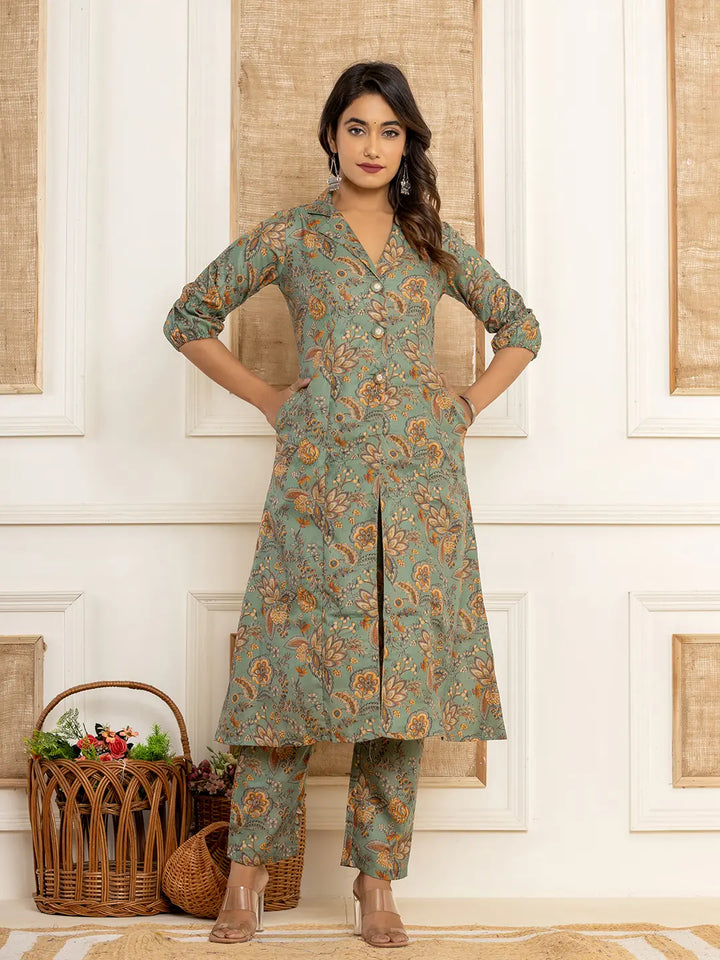 Cotton Sea Green Kurta And Trousers Set-Yufta Store-1522SETSGS