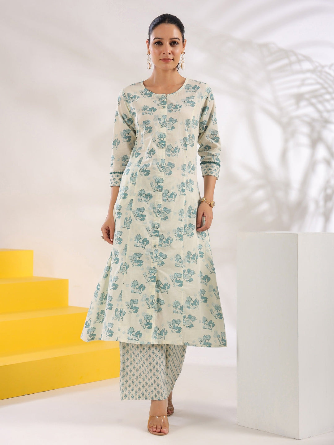 Cream And Blue Pure Cotton Floral Print A-Line Kurta Trouser Set-Yufta Store-1644SETBLS