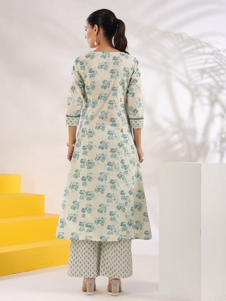 Cream And Blue Pure Cotton Floral Print A-Line Kurta Trouser Set-Yufta Store-1644SETBLS