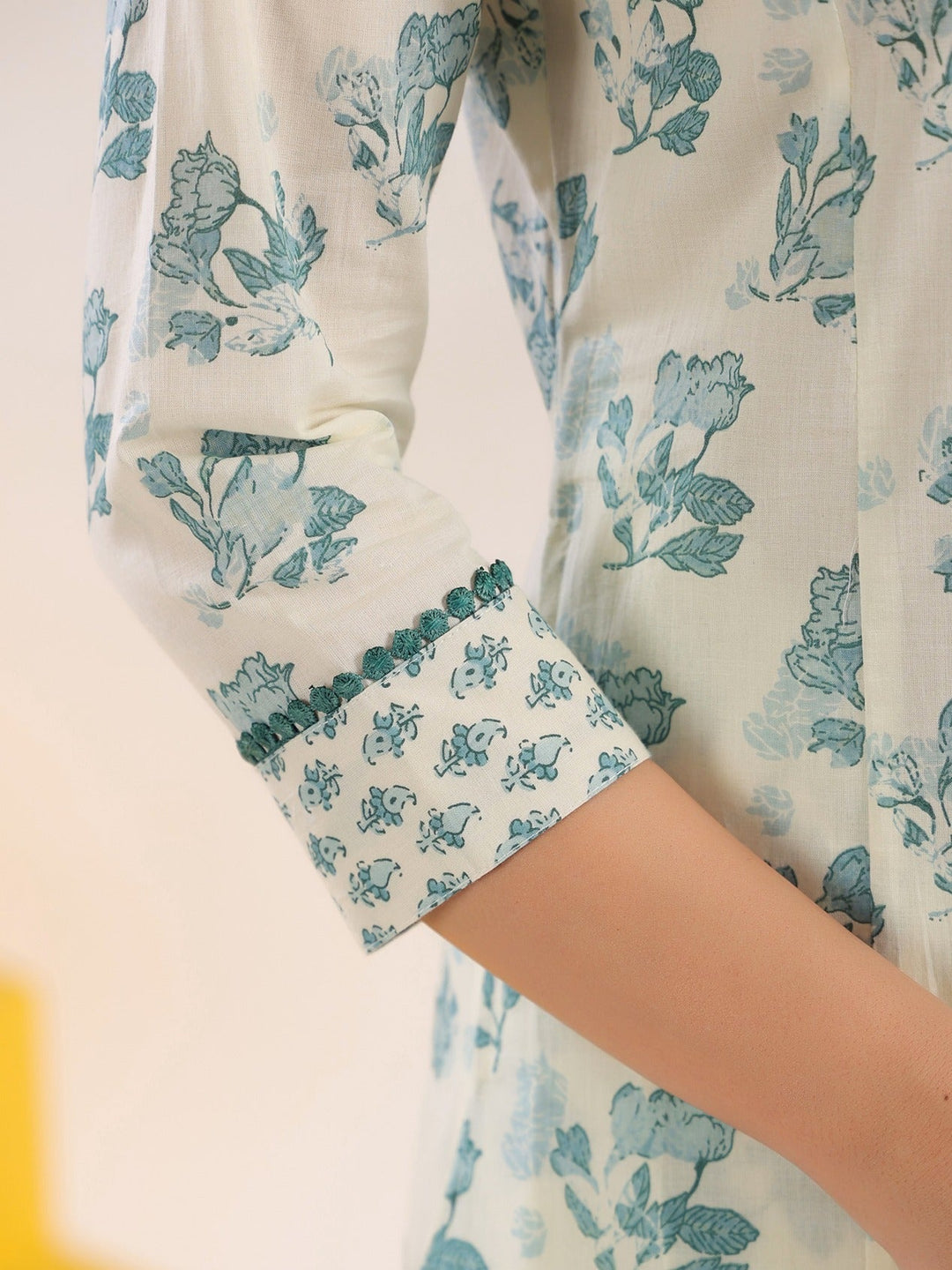 Cream And Blue Pure Cotton Floral Print A-Line Kurta Trouser Set-Yufta Store-1644SETBLS
