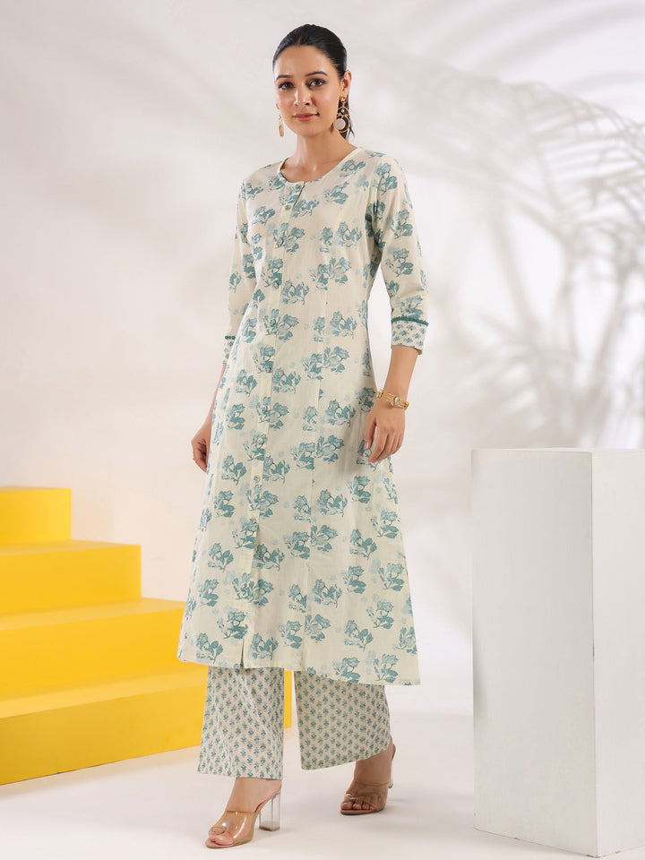 Cream And Blue Pure Cotton Floral Print A-Line Kurta Trouser Set-Yufta Store-1644SETBLS