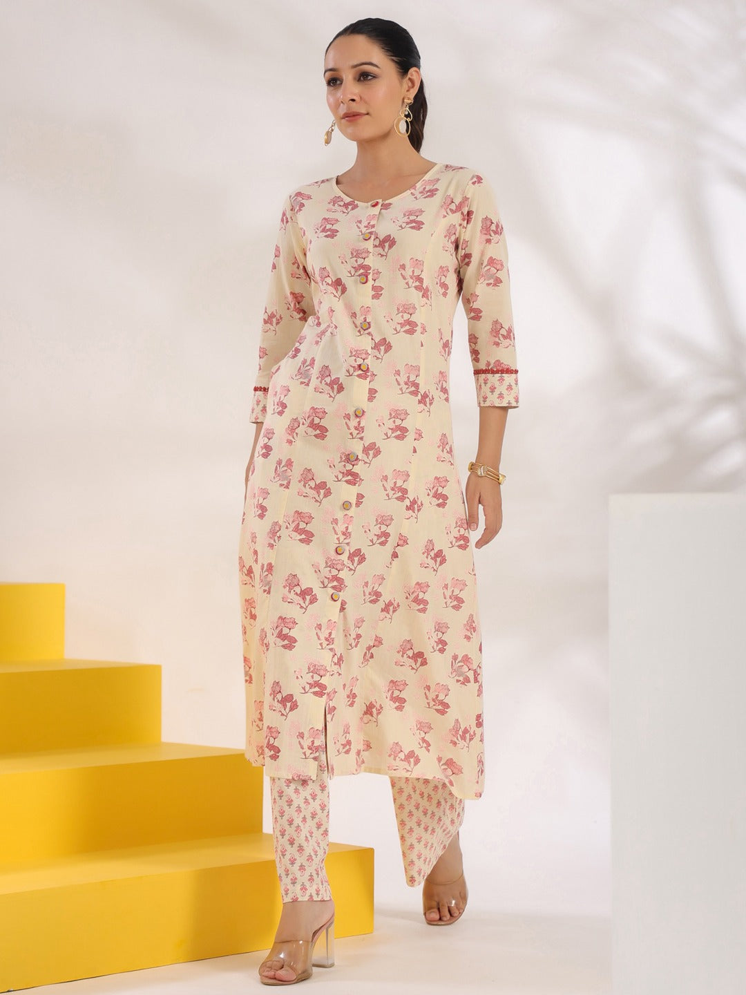 Cream And Pink Pure Cotton Floral Print A-Line Kurta Trouser Set-Yufta Store-1644SETPKS