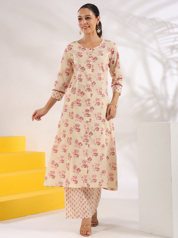 Cream And Pink Pure Cotton Floral Print A-Line Kurta Trouser Set-Yufta Store-1644SETPKS