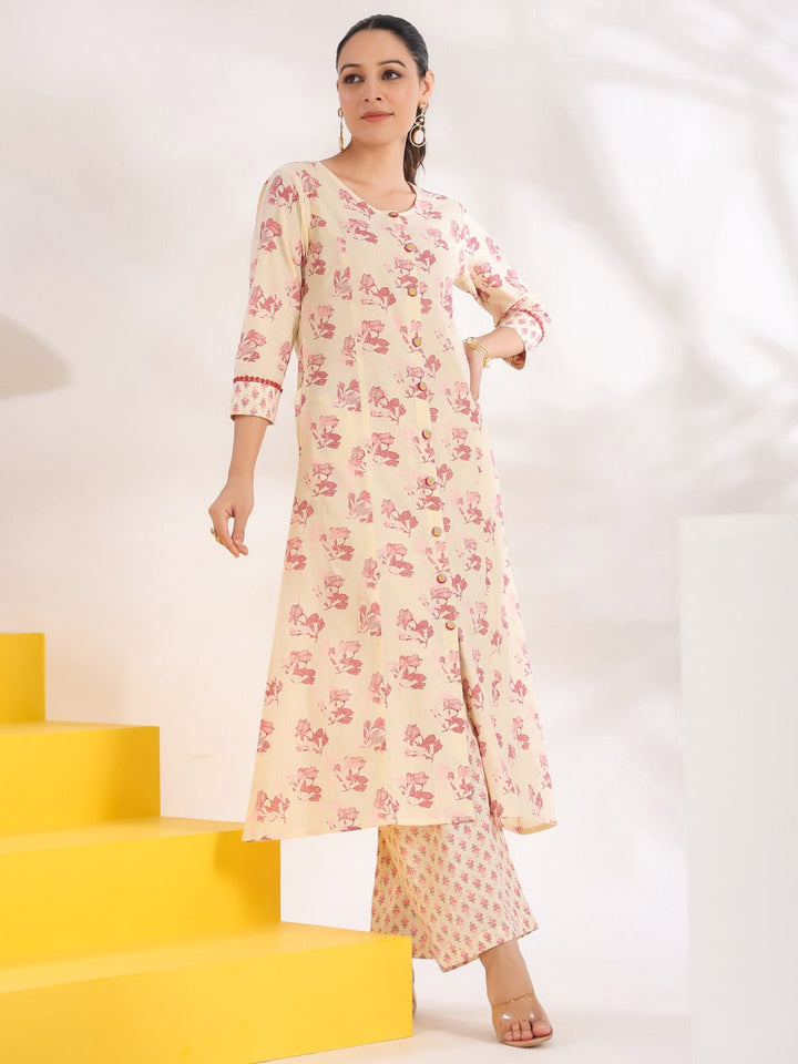 Cream And Pink Pure Cotton Floral Print A-Line Kurta Trouser Set-Yufta Store-1644SETPKS