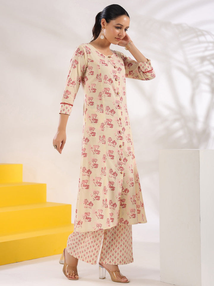 Cream And Pink Pure Cotton Floral Print A-Line Kurta Trouser Set-Yufta Store-1644SETPKS