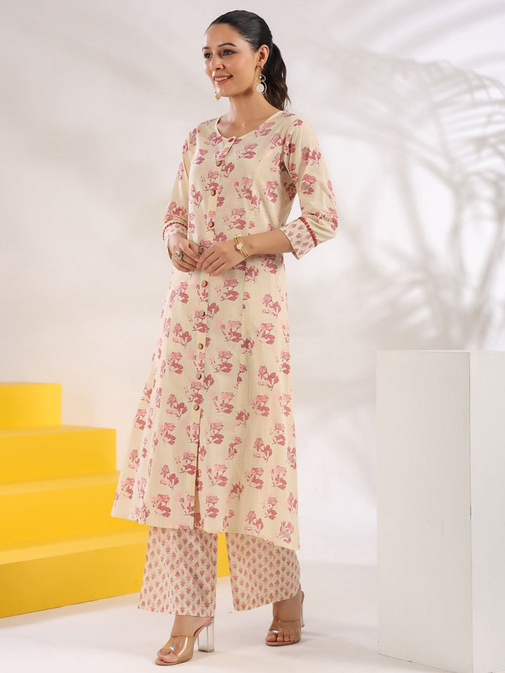 Cream And Pink Pure Cotton Floral Print A-Line Kurta Trouser Set-Yufta Store-1644SETPKS