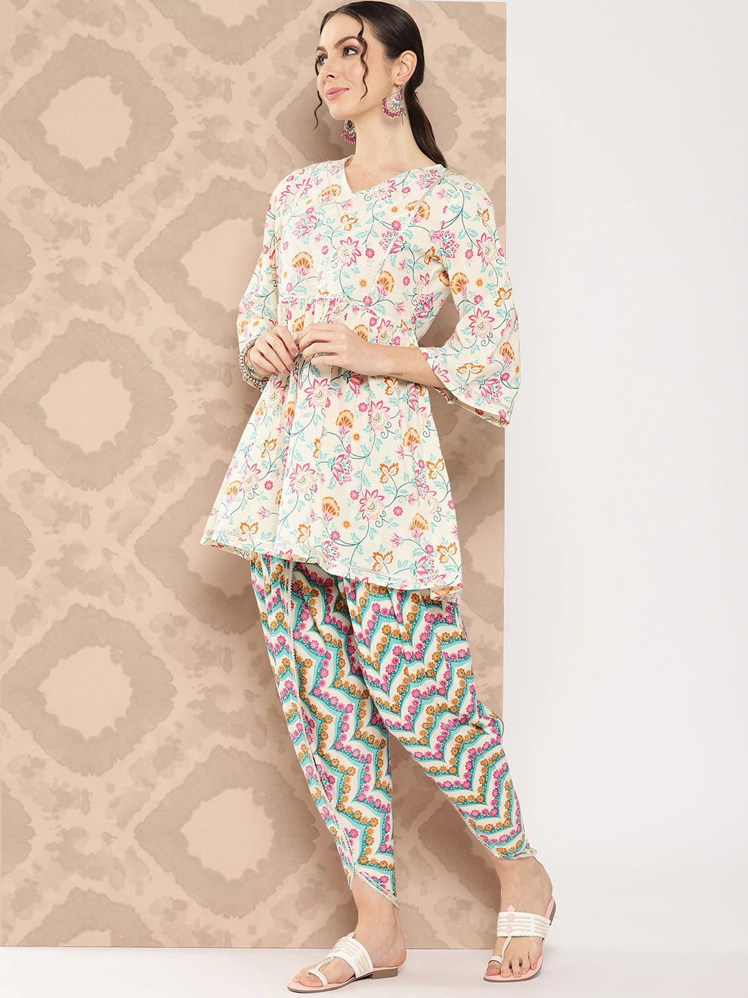 Cream Floral Printed Peplum Gotta Patti Pure Cotton Kurti with Dhoti Pants Set-Yufta Store-1396SETPKS