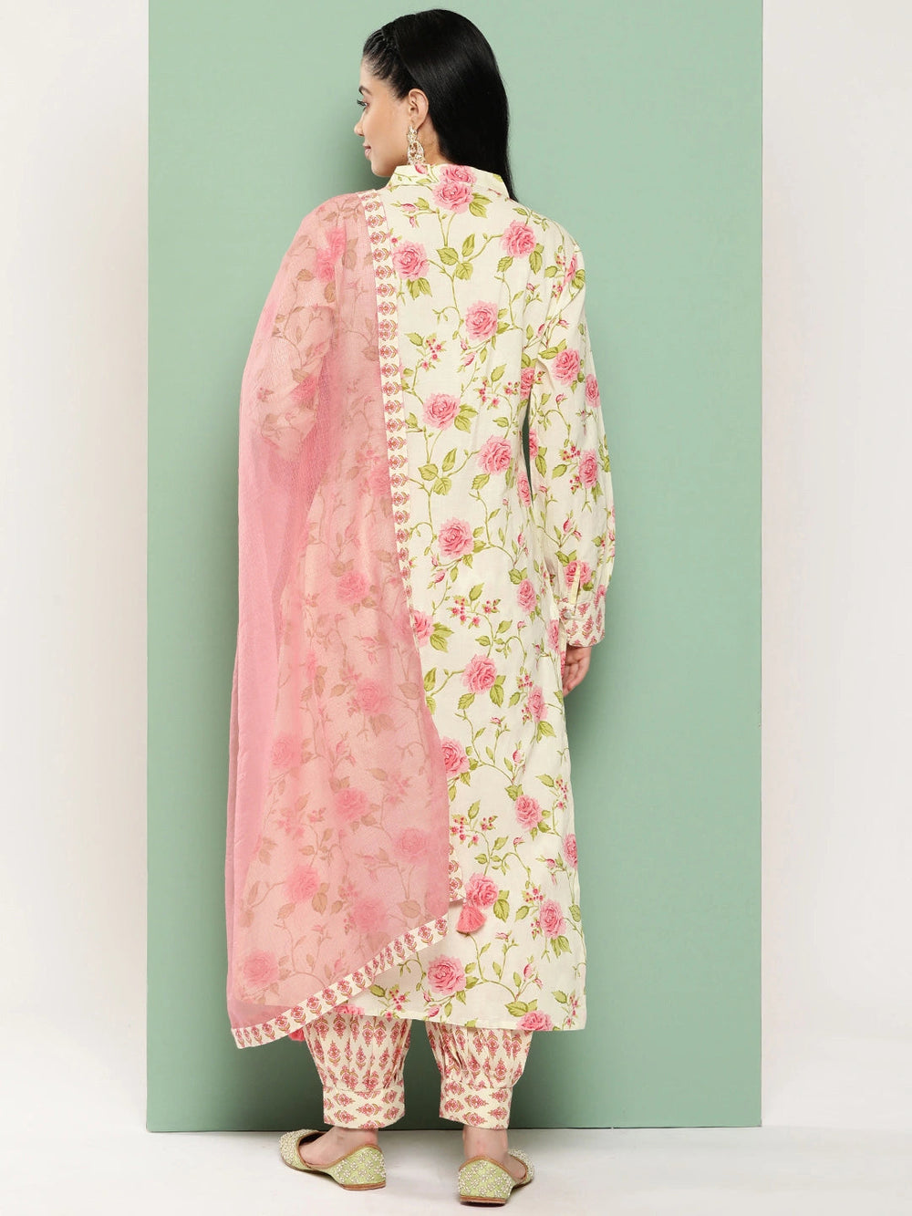 Cream Floral Printed Regular Pure Cotton Kurta with Harem Pants & Dupatta Set-Yufta Store-1438SKDPKS