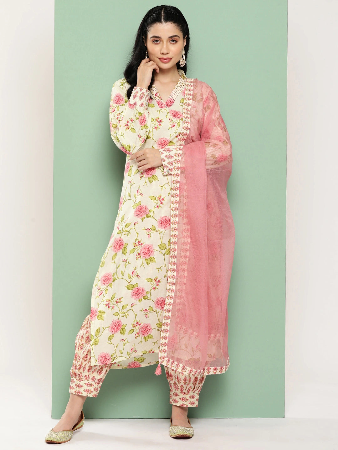 Cream Floral Printed Regular Pure Cotton Kurta with Harem Pants & Dupatta Set-Yufta Store-1438SKDPKS