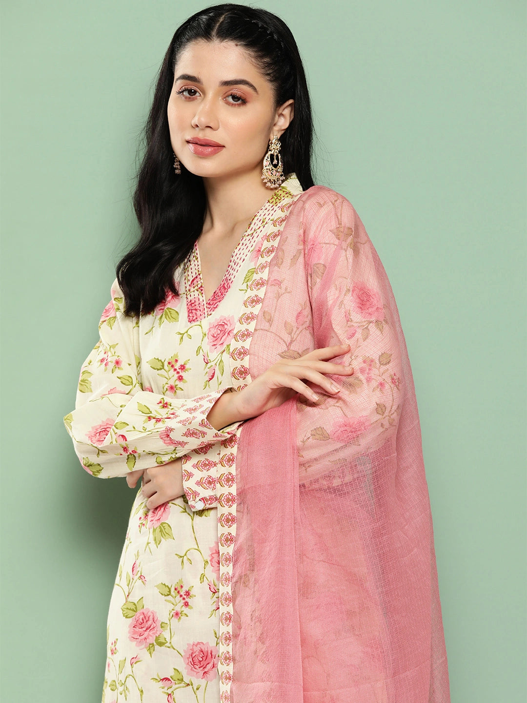 Cream Floral Printed Regular Pure Cotton Kurta with Harem Pants & Dupatta Set-Yufta Store-1438SKDPKS