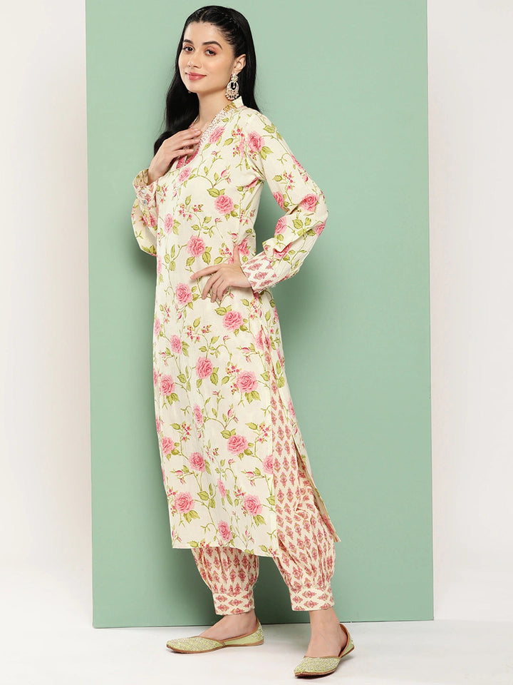 Cream Floral Printed Regular Pure Cotton Kurta with Harem Pants & Dupatta Set-Yufta Store-1438SKDPKS