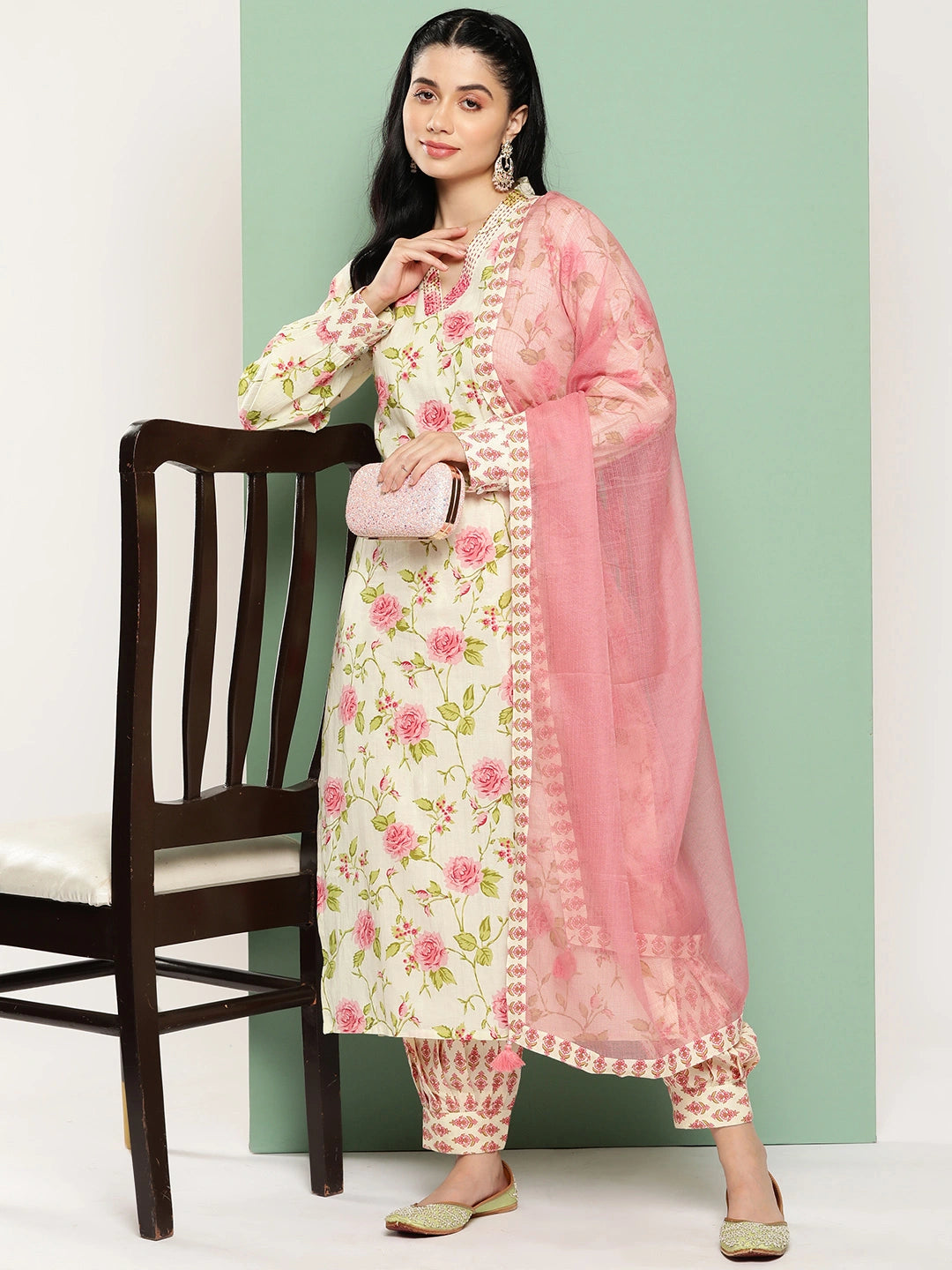Cream Floral Printed Regular Pure Cotton Kurta with Harem Pants & Dupatta Set-Yufta Store-1438SKDPKS