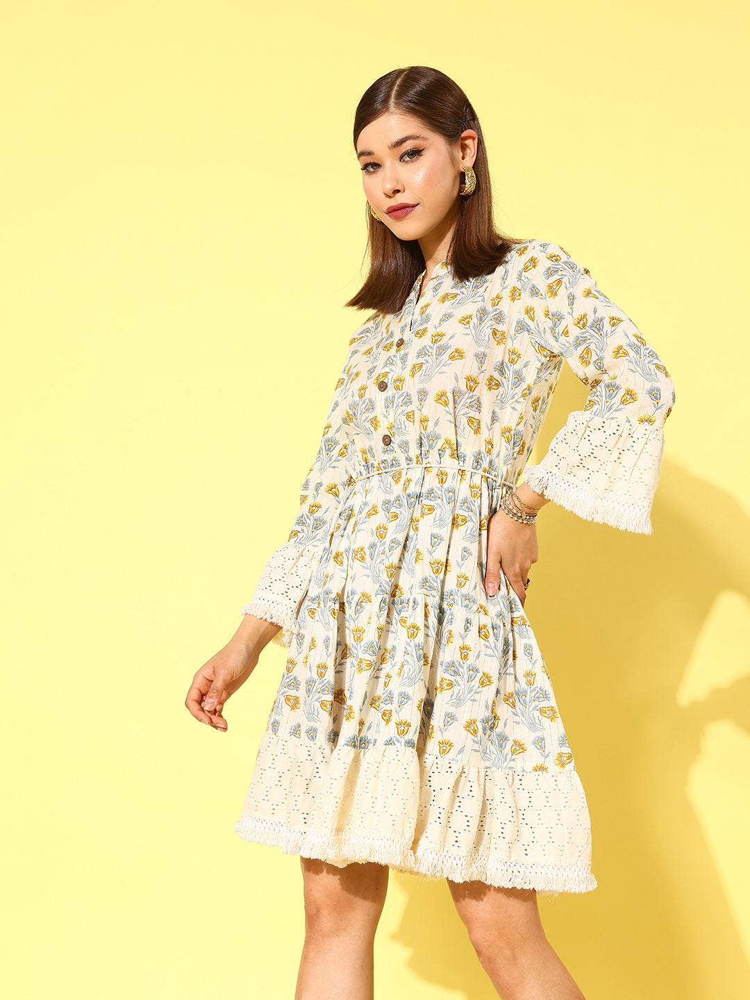 Cream-Grey Floral Print Bell Sleeves Fringed Pure Cotton A-Line Dress-Yufta Store-1337DRSWHS