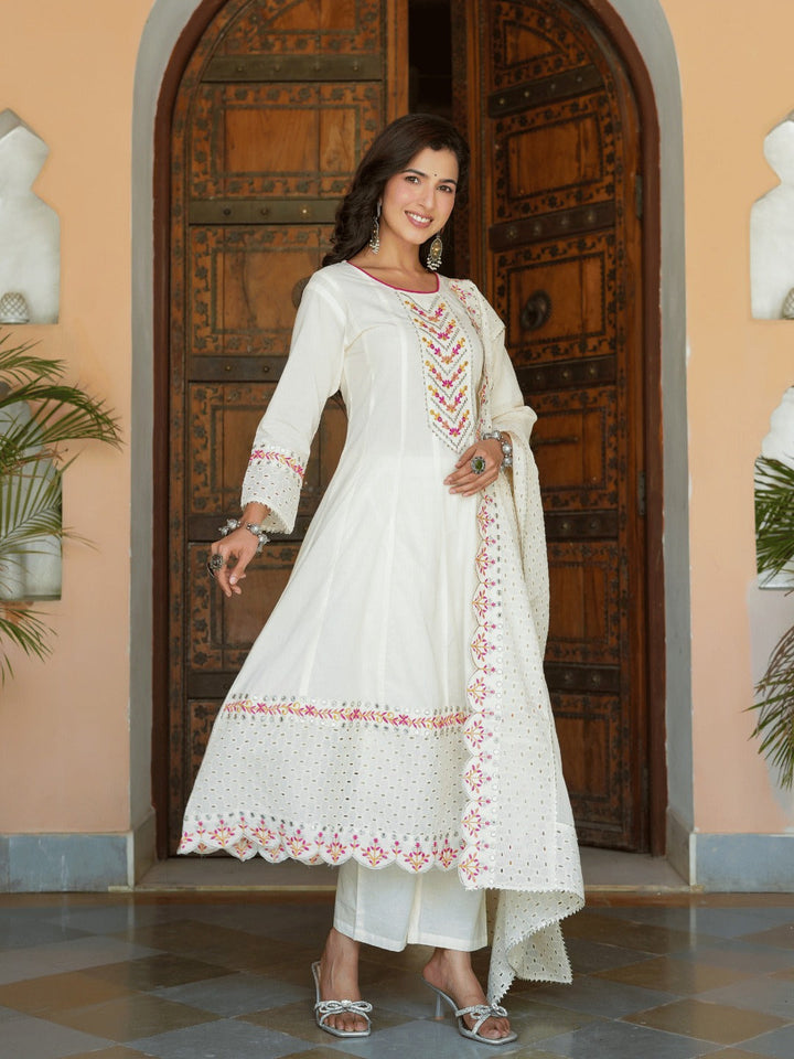 Cream Schffli Cut work Anarkali Kurta with Trouser & Dupatta-Yufta Store-1472SKDCRS