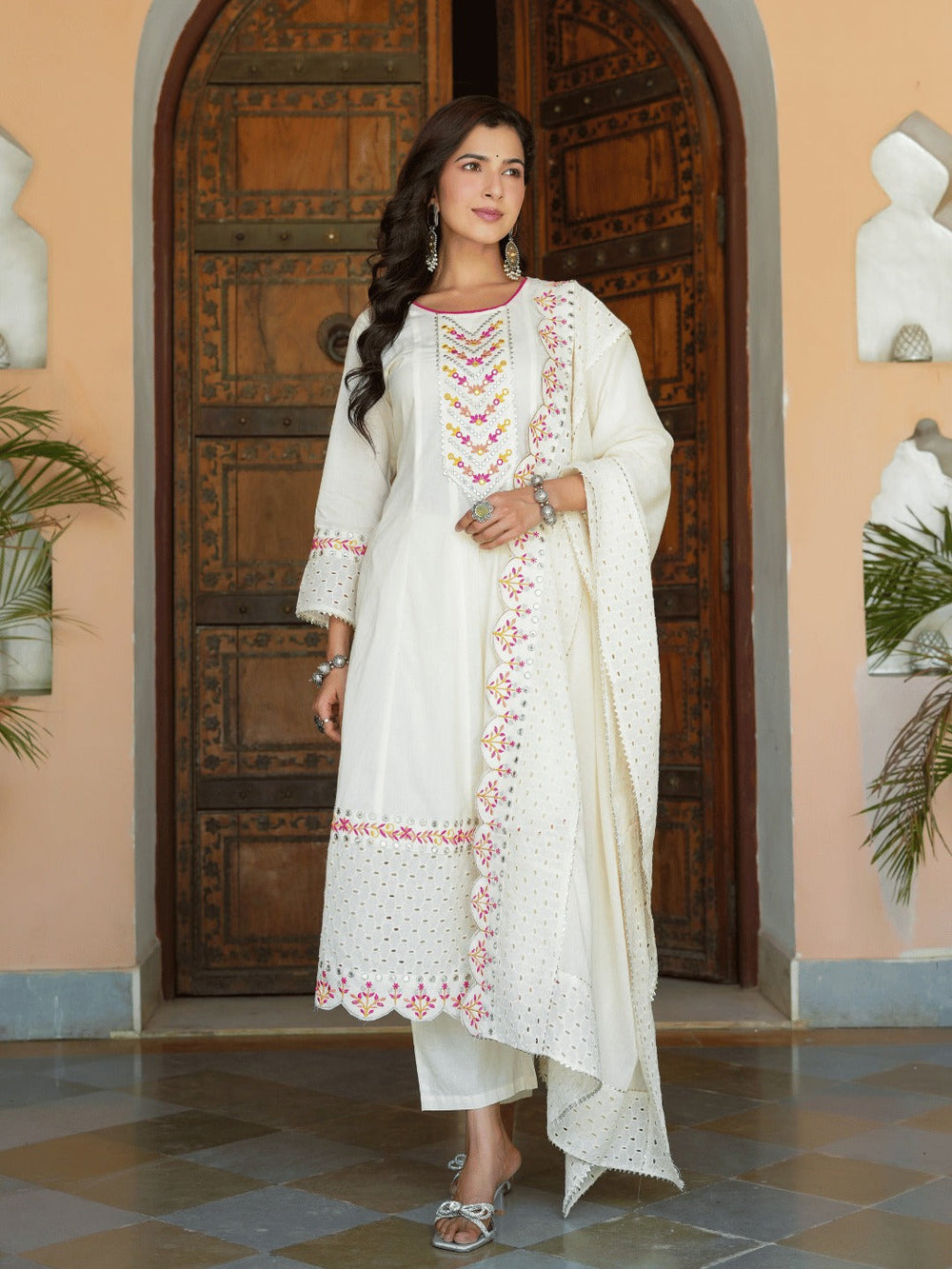 Cream Schffli Cut work Anarkali Kurta with Trouser & Dupatta