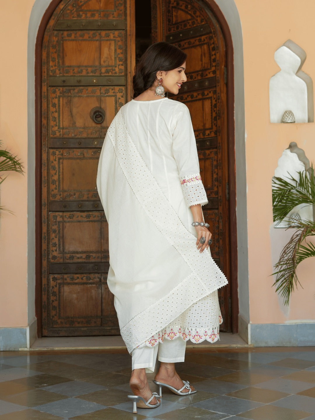 Cream Schffli Cut work Anarkali Kurta with Trouser & Dupatta-Yufta Store-1472SKDCRS