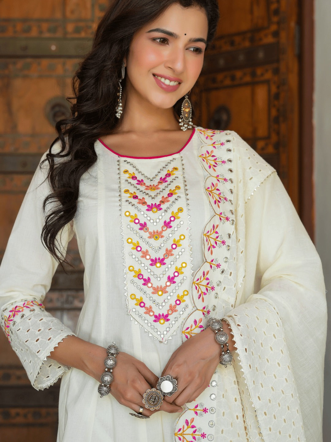 Cream Schffli Cut work Anarkali Kurta with Trouser & Dupatta-Yufta Store-1472SKDCRS