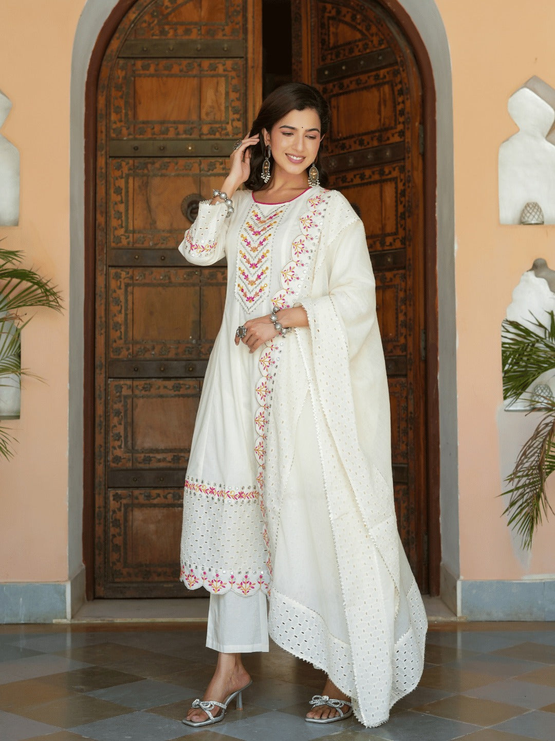 Cream Schffli Cut work Anarkali Kurta with Trouser & Dupatta-Yufta Store-1472SKDCRS