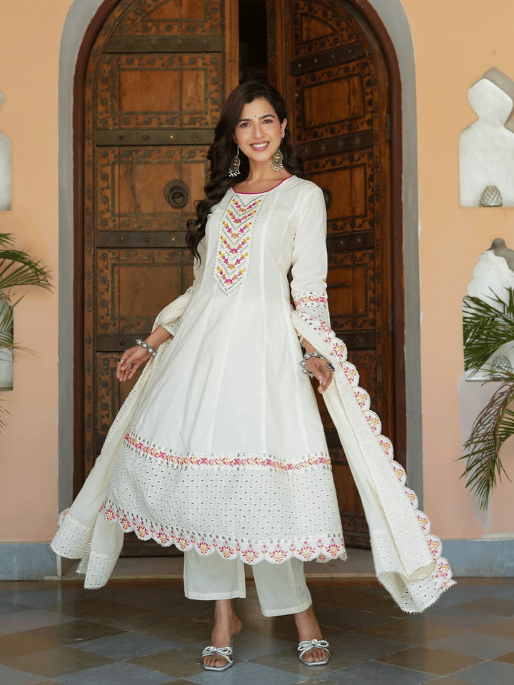 Cream Schffli Cut work Anarkali Kurta with Trouser & Dupatta-Yufta Store-1472SKDCRS