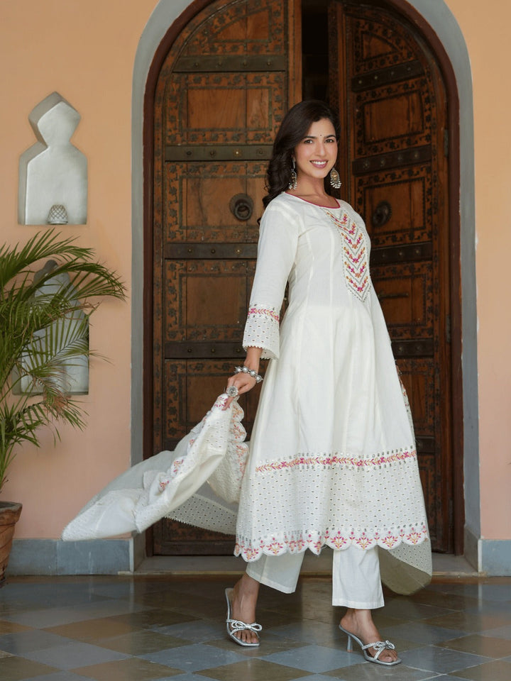 Cream Schffli Cut work Anarkali Kurta with Trouser & Dupatta-Yufta Store-1472SKDCRS