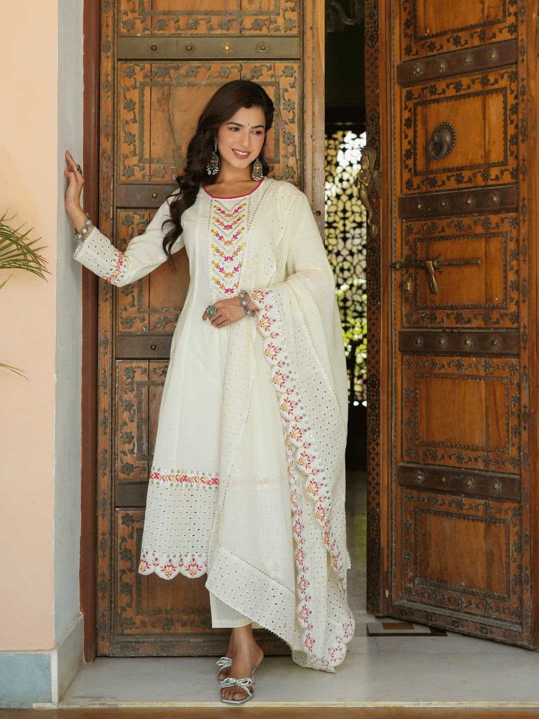 Cream Schffli Cut work Anarkali Kurta with Trouser & Dupatta-Yufta Store-1472SKDCRS