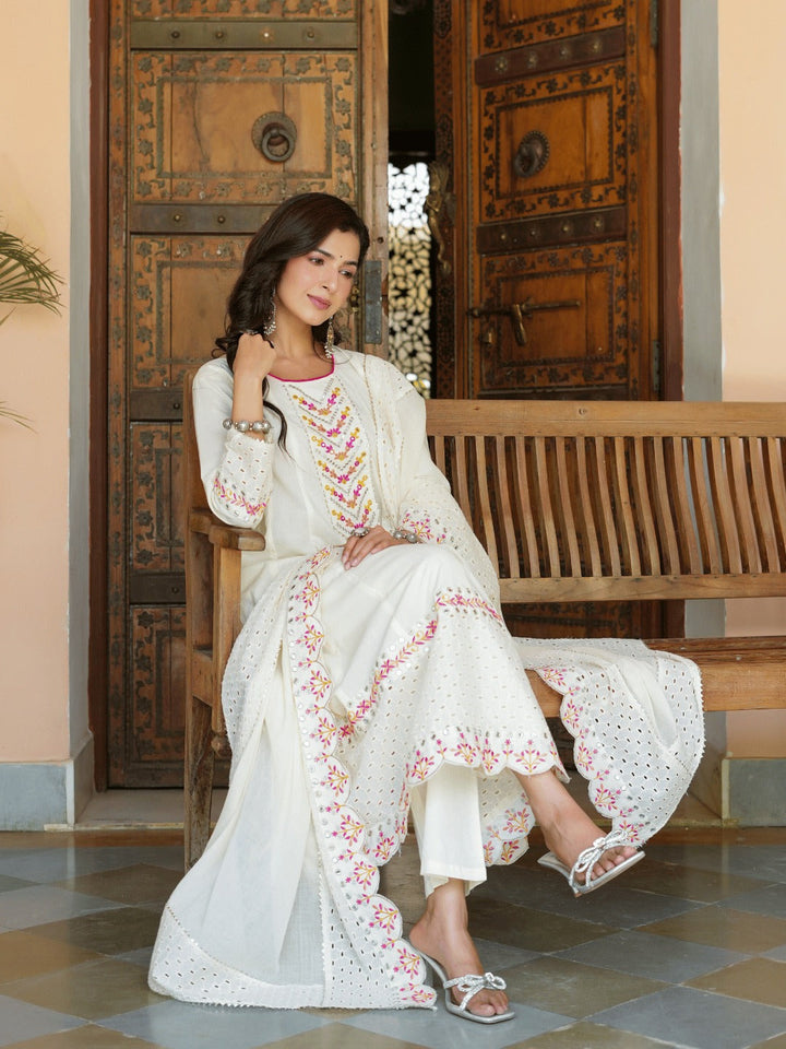 Cream Schffli Cut work Anarkali Kurta with Trouser & Dupatta-Yufta Store-1472SKDCRS