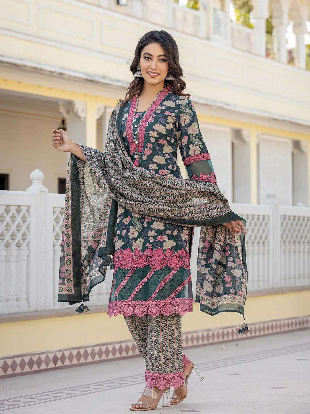 Dark Green Floral Print Pakistani Style Kurta Trouser And Dupatta Set With Lace Work-Yufta Store-6885SKDDGM