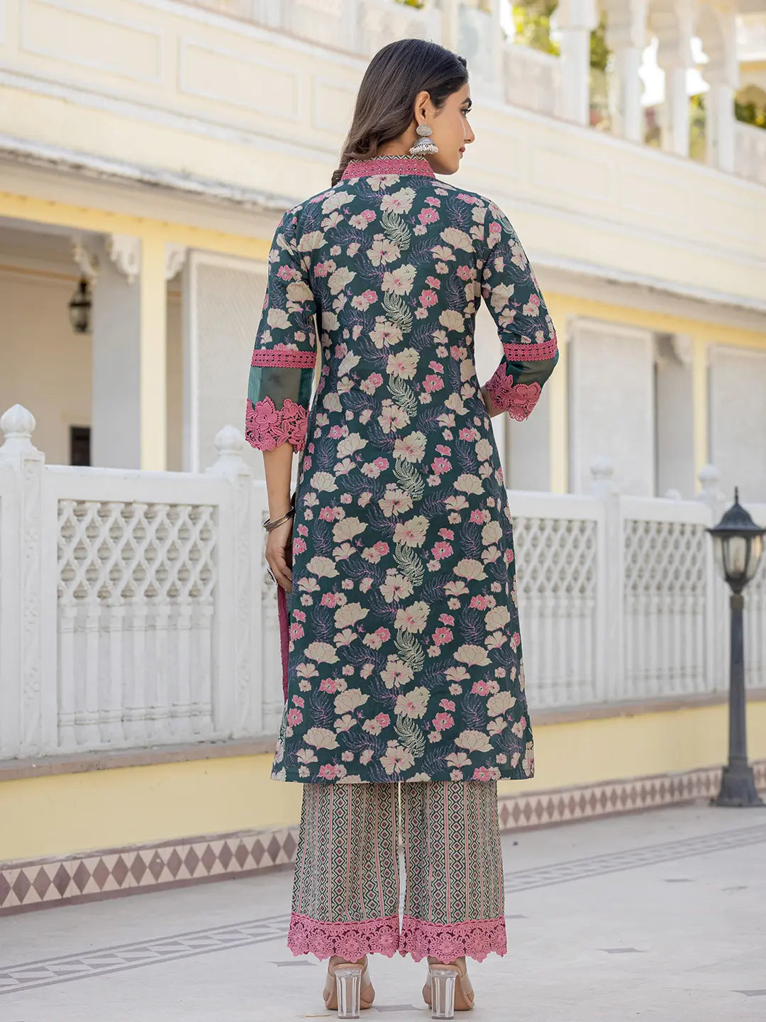 Dark Green Floral Print Pakistani Style Kurta Trouser And Dupatta Set With Lace Work-Yufta Store-6885SKDDGM