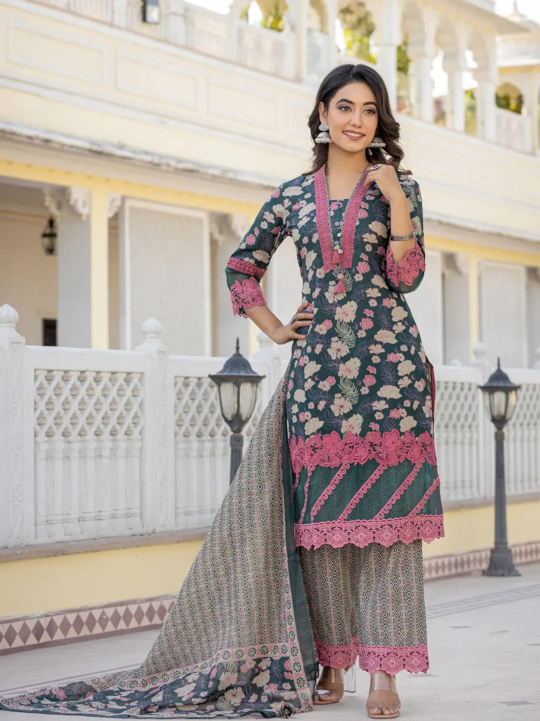 Dark Green Floral Print Pakistani Style Kurta Trouser And Dupatta Set With Lace Work-Yufta Store-6885SKDDGM