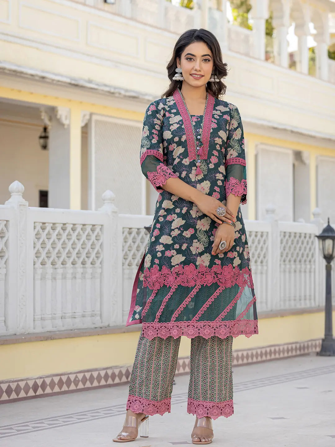 Dark Green Floral Print Pakistani Style Kurta Trouser And Dupatta Set With Lace Work-Yufta Store-6885SKDDGM