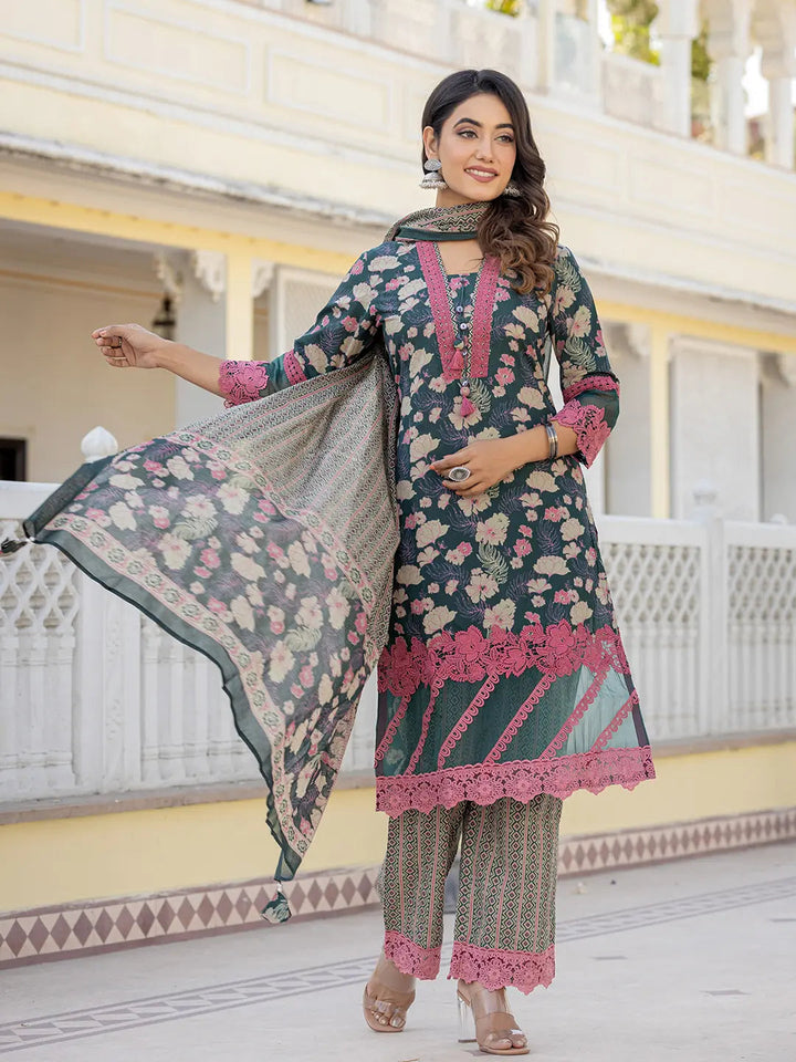 Dark Green Floral Print Pakistani Style Kurta Trouser And Dupatta Set With Lace Work-Yufta Store-6885SKDDGM